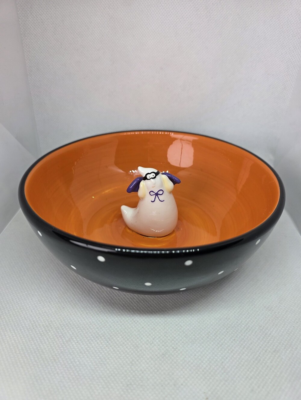 Polka Dot Ceramic Masked Ghost Candy Bowl with Orange Interior